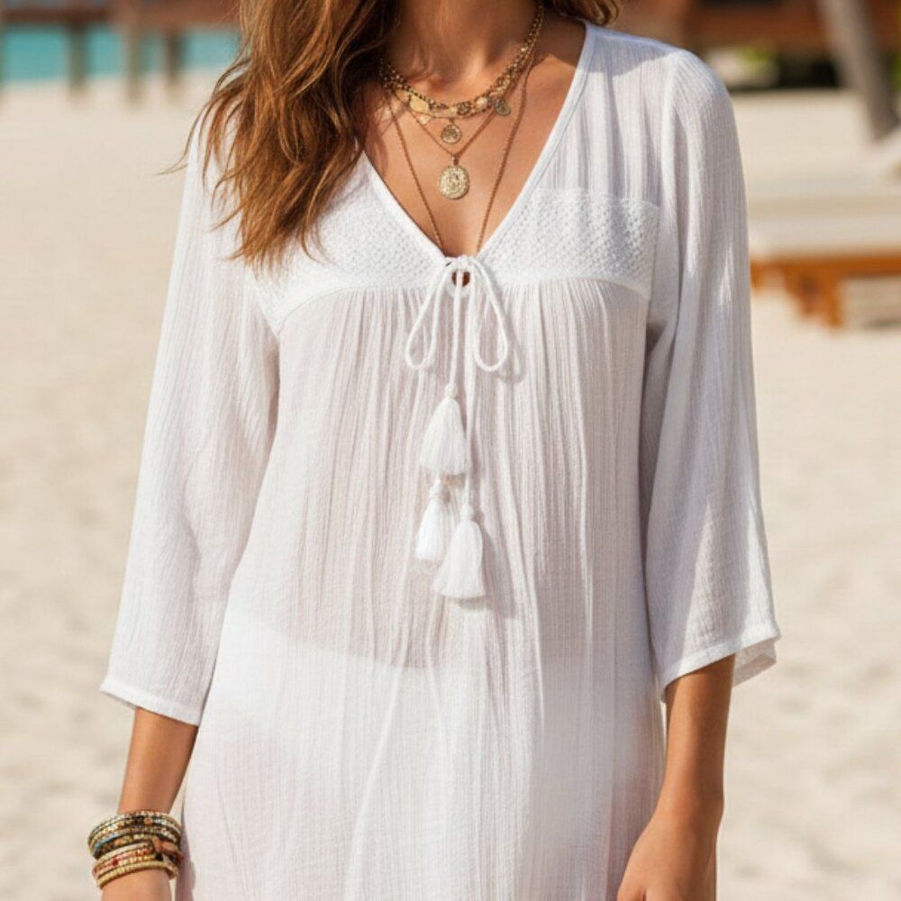 MetroRetro White Semi Sheer Tunic Smocked V-Neck Tassel Tie Small